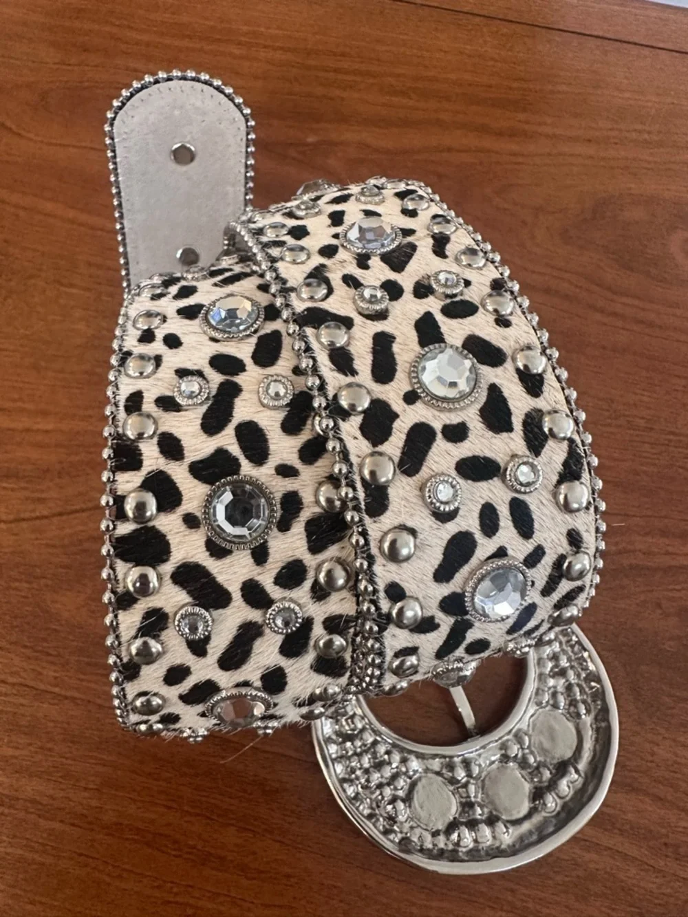 Christine Alexander Leopard Haircalf Rhinestone Western Belt Crystal Buckle Y2K